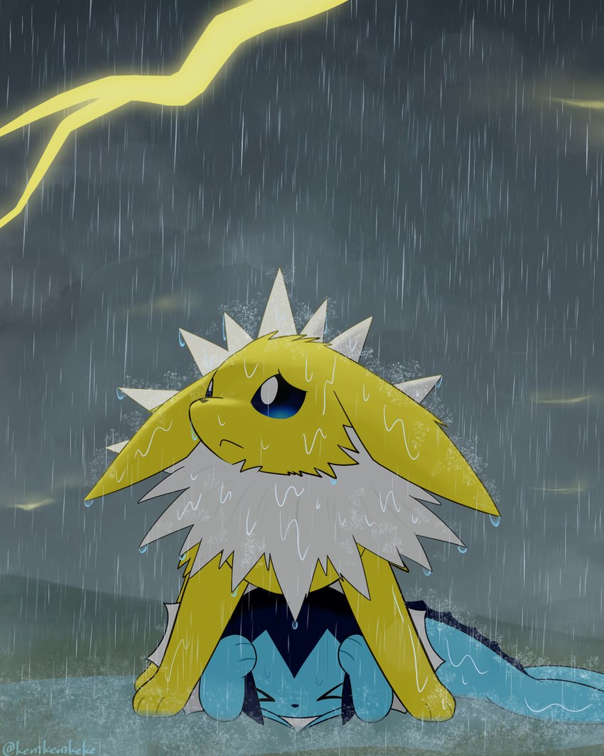 ambiguous_gender blue_body cloud digitigrade duo electricity eyes_closed feet feral fur lightning neck_tuft outside paws protecting protective quadruped raining scared sky storm tail thunderstorm toes tuft wet wet_body wet_fur white_body white_fur worried yellow_body yellow_fur kenikenikeke nintendo pokemon eeveelution generation_1_pokemon jolteon pokemon_(species) vaporeon 2022 4:5 digital_media_(artwork) hi_res