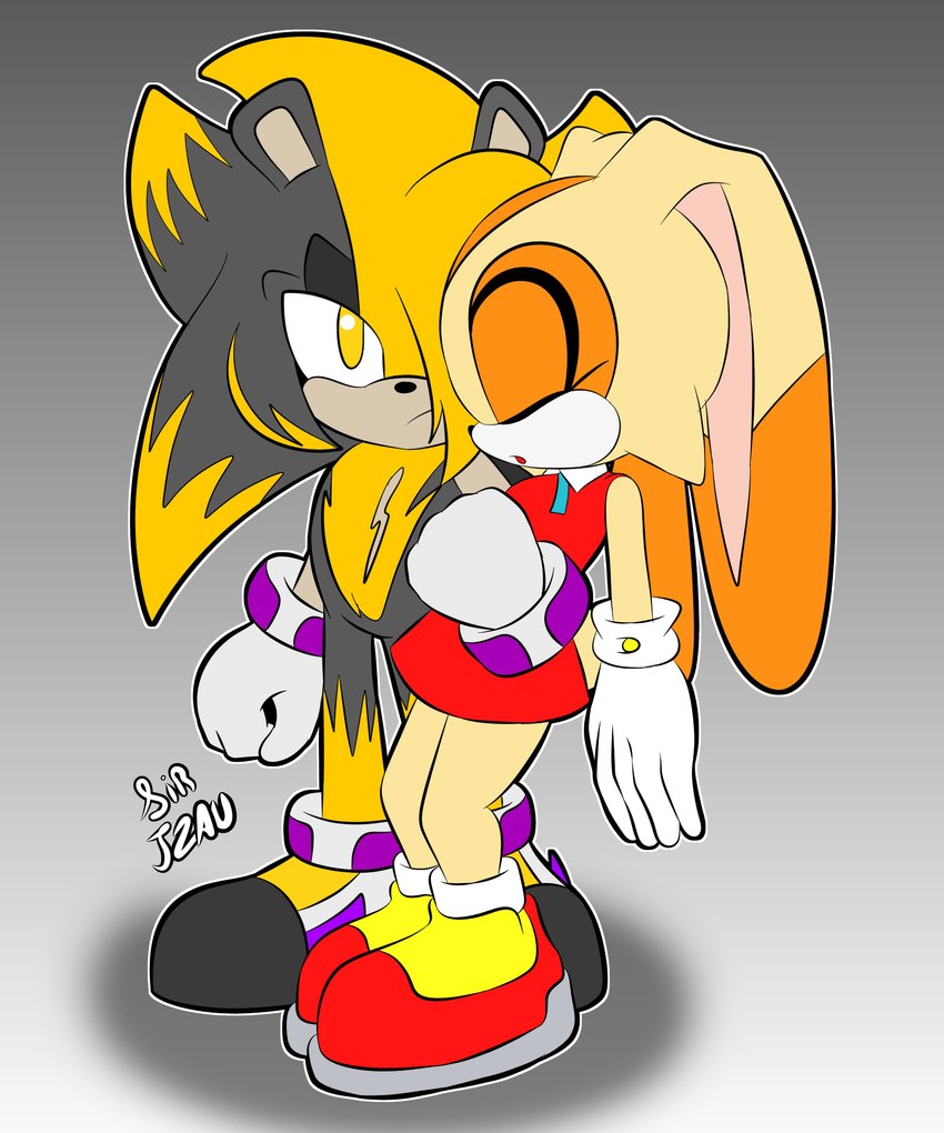 anthro black_body black_fur canon_x_oc clothing dress duo eyes_closed female footwear fur gloves handwear looking_at_viewer male male/female multicolored_body multicolored_fur scar shoes tan_body tan_fur yellow_body yellow_eyes yellow_fur sirjzau sega sonic_the_hedgehog_(series) cream_the_rabbit fan_character zau_the_tenrec afrosoricid lagomorph leporid mammal rabbit tenrec absurd_res hi_res