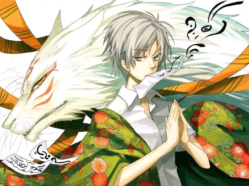 asian_clothing brown_eyes clothed clothing duo east_asian_clothing fur grey_hair hair ink japanese_clothing kimono looking_at_viewer male orange_eyes seals white_body white_fur オサム natsume's_book_of_friends madara_(natsume_yuujinchou) sensei takashi_natsume zoku zoku_natsume_yuujinchou canid canine canis fox human mammal wolf