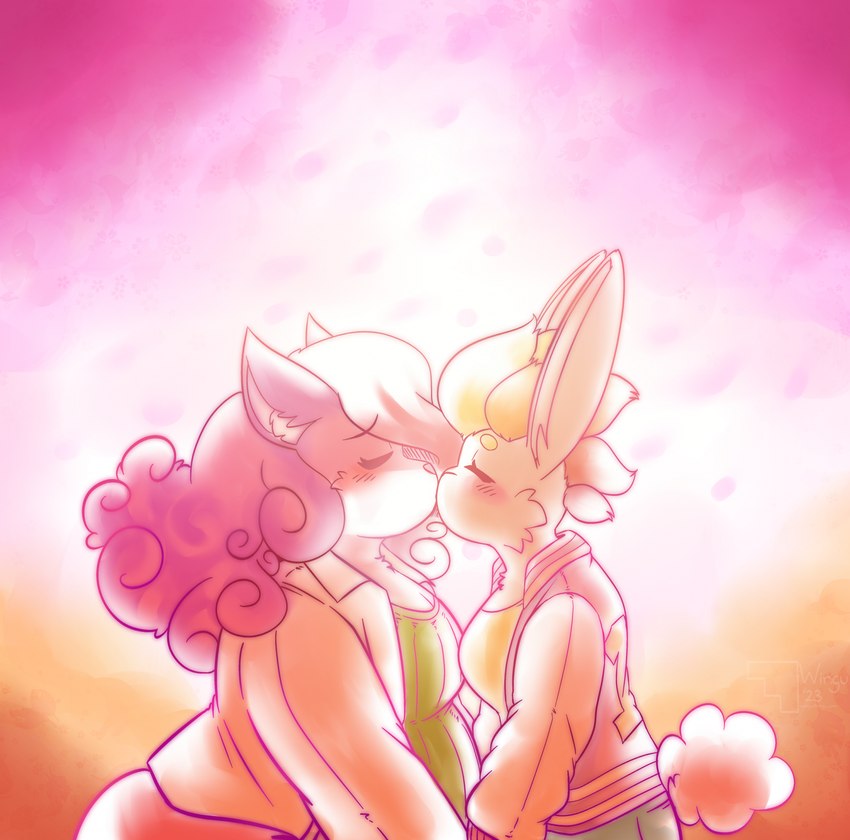 canon_couple duo female female/female hand_holding kissing lesbian_pride_colors lgbt_pride pride_colors sunset winguthings super_lesbian_animal_rpg canid canine fox lagomorph leporid mammal rabbit 2023 hi_res trans_(lore) trans_woman_(lore)