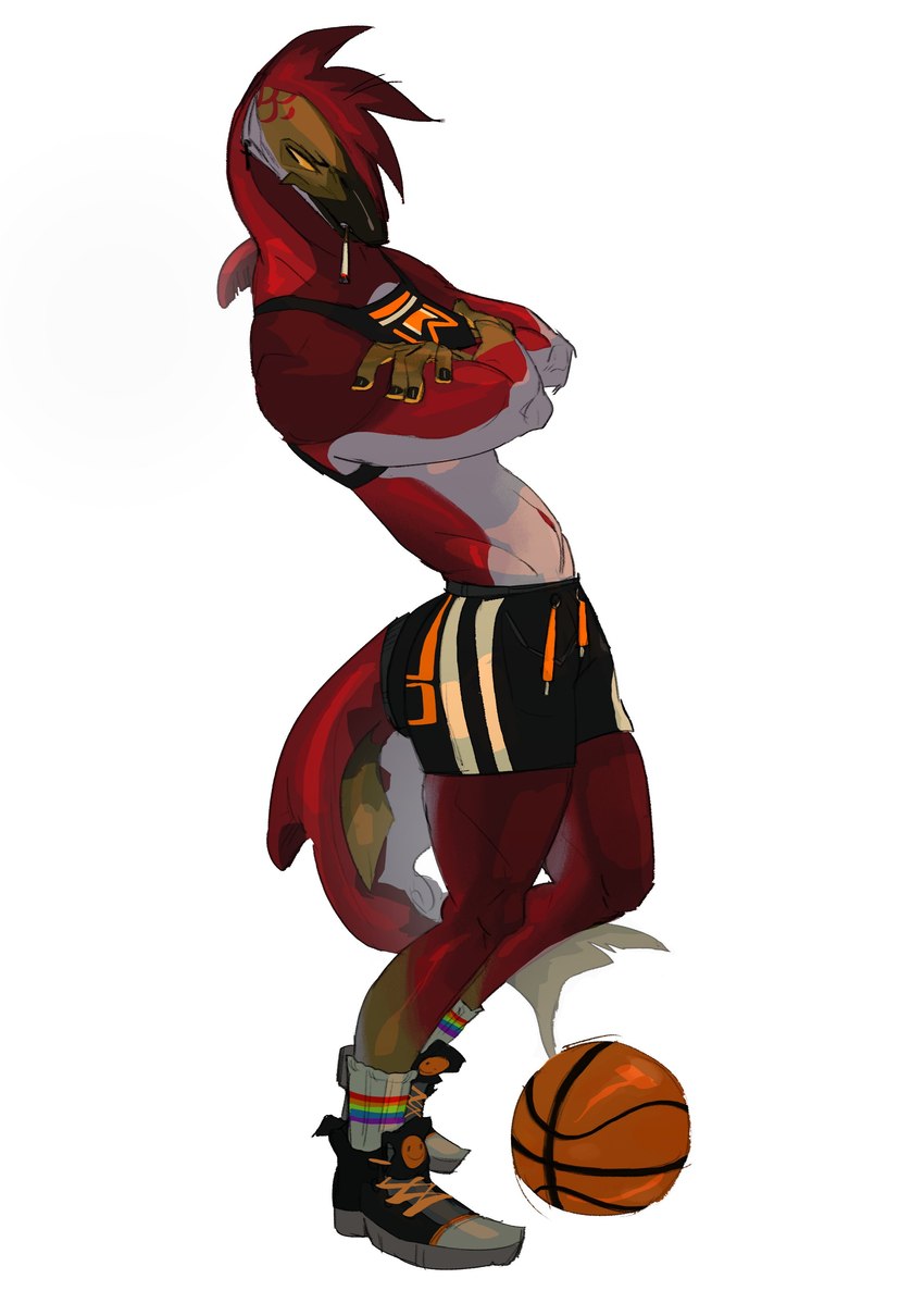 anthro athletic athletic_anthro athletic_female ball basketball_(ball) bottomwear bra cigarette cigarette_in_mouth clothed clothing crossed_arms female fin footwear leaning leaning_backward midriff mohawk muscular muscular_female object_in_mouth red_body red_scales scales shoes shorts simple_background socks solo sports_bra standing tail tail_fin underwear white_background velow shoyu_(velow) fish marine salmon salmonid_(fish) sockeye_salmon absurd_res hi_res