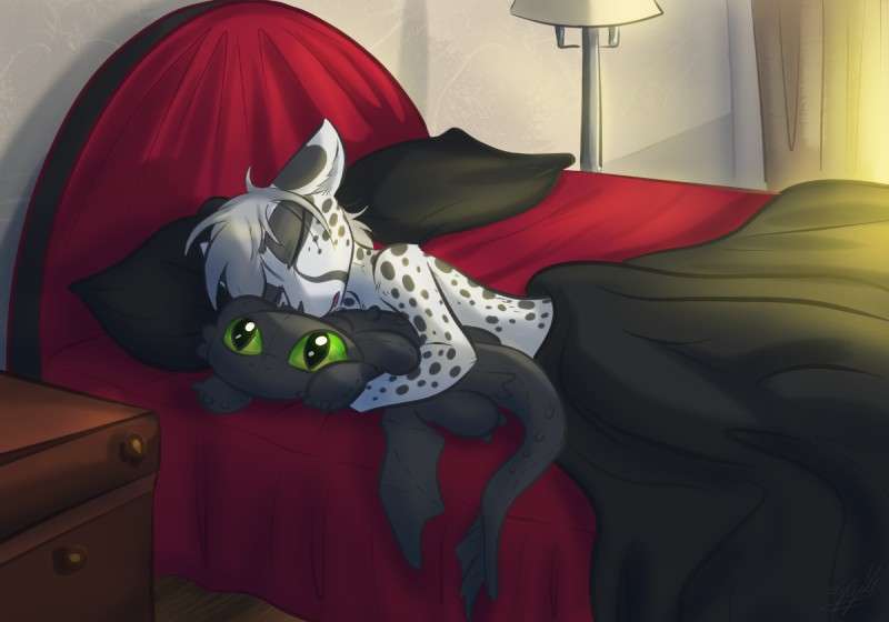 anthro bed black_body daww fur furniture green_eyes grey_hair hair male markings morning plushie sleeping spots spotted_body spotted_fur tail white_body white_fur ripli a_story_with_a_known_end dreamworks how_to_train_your_dragon sint_(hfd4) toothless cheetah felid feline mammal hi_res