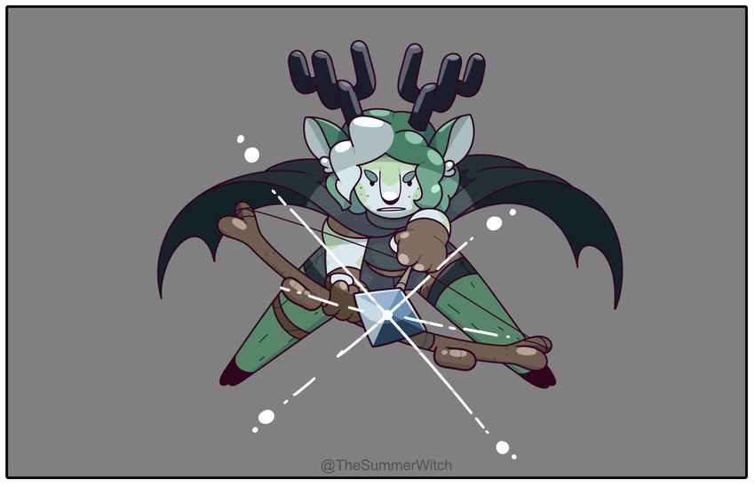 aiming_weapon anthro antlers arrow_(weapon) border bow_(weapon) cape clothing female freckles gloves green_body green_freckles green_hair grey_background hair handwear hooves horn light pose ranged_weapon simple_background solo weapon white_body white_border white_hair thesummerwitch clem_satyr satyr absurd_res hi_res