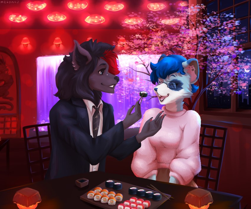 anthro black_body black_fur black_hair black_tie_(suit) blue_eyes blue_hair breasts bridge_piercing chair cherry_blossom chopsticks city city_background clothed clothing ear_piercing ear_ring eyewear facial_piercing feeding female flower food fur furniture glasses hair inside lights male nose_piercing patterned_fur piercing plant prunus_(flower) restaurant ring_piercing suit sushi tokyo water waterfall white_body white_fur window metonka mythology mike_black canid canine canis dragon fox mammal mouse murid murine mythological_creature mythological_scalie rodent scalie wolf absurd_res digital_media_(artwork) hi_res shaded