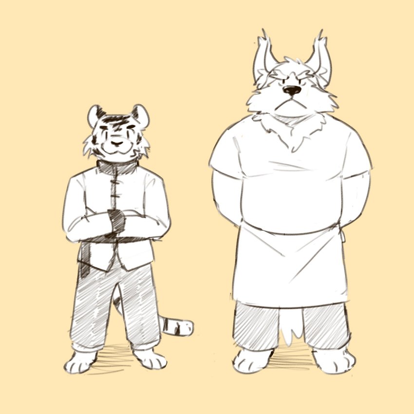 anthro bottomwear clothed clothing crossed_arms duo male musclegut muscular muscular_male overweight overweight_male topwear 3000vnd canid canine canis domestic_dog felid mammal pantherine tiger 1:1 hi_res