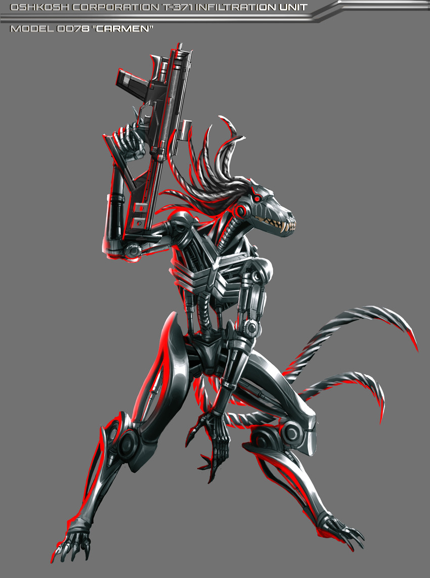 2_tails 6_fingers ambiguous_gender anthro blade bone fingers grey_background gun head_tails hydraulics machine metal multi_tail ranged_weapon red_eyes ribs simple_background skull solo spine standing tail tail_blade teeth text weapon weapon_tail athavan oshkosh_corporation out_of_the_dark carmen_ghia canid canine canis mammal robot shongairi wolf absurd_res english_text hi_res