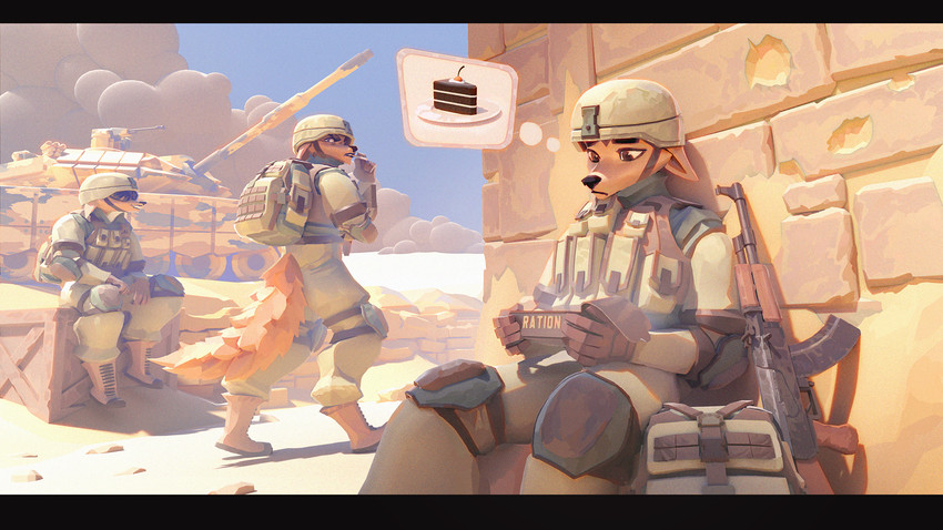 ak-47 ak_platform anthro armor armored_vehicle army army_helmet army_uniform assault_rifle backpack biped black_nose boots cake cigarette cigarette_in_mouth clothed clothing desert dessert eyebrows food footwear fully_clothed fur group gun headgear headwear male military military_clothing military_uniform military_vehicle monotone_face monotone_tail object_in_mouth outside ranged_weapon rations rifle sand shoes sitting sky smoke snout soldier tail tan_body tan_clothing tan_footwear tan_fur tank_(vehicle) text thought_bubble uniform vehicle warrior weapon zeusdex canid canine fennec_fox fox mammal true_fox 2020 english_text hi_res widescreen