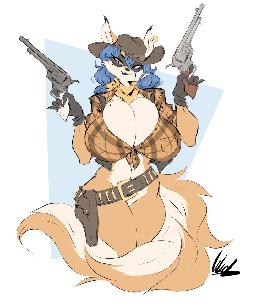 anthro belt big_breasts blue_hair bottomless bottomless_anthro bottomless_female breasts cleavage clothed clothing cowboy cowboy_hat cowboy_outfit crop_top ear_piercing ear_ring female flannel flannel_shirt fur gun gun_holster hair half-closed_eyes handgun hat headgear headwear huge_breasts kerchief lips long_hair markings mask mole_(marking) multicolored_body multicolored_fur narrowed_eyes neckerchief neckwear orange_body orange_fur piercing ranged_weapon revolver ring_piercing shirt simple_background smile smirk smug smug_face solo tail tan_body tan_fur thick_bottom_lip topwear two_tone_body two_tone_fur weapon dullvivid sly_cooper_(series) sony_corporation sony_interactive_entertainment sucker_punch_productions carmelita_fox canid canine fox mammal hi_res