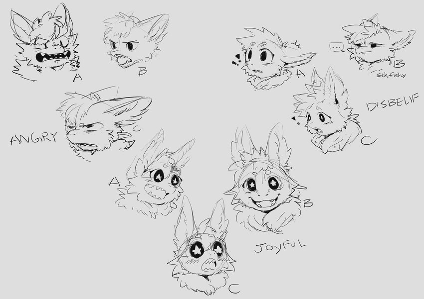 angry anthro cute_fangs disbelief expressions fangs female grumpy happy joyful letter open_mouth solo teeth text tongue furyraptor23 ferrin english_text headshot_portrait hi_res monochrome portrait sketch sketch_page