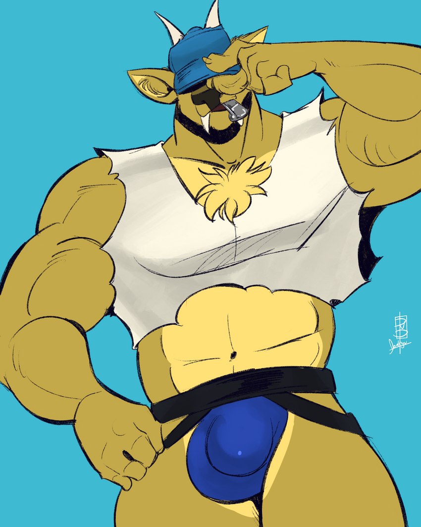 abs anthro baseball_cap big_bulge bulge clothing coach crop_top detailed_bulge fangs fur hat headgear headwear horn jockstrap male midriff muscular muscular_male shirt solo sport teeth topwear underwear whistle_(object) yellow_body yellow_fur donryu dj_strap cervine deer mammal muntjac 4:5 absurd_res hi_res