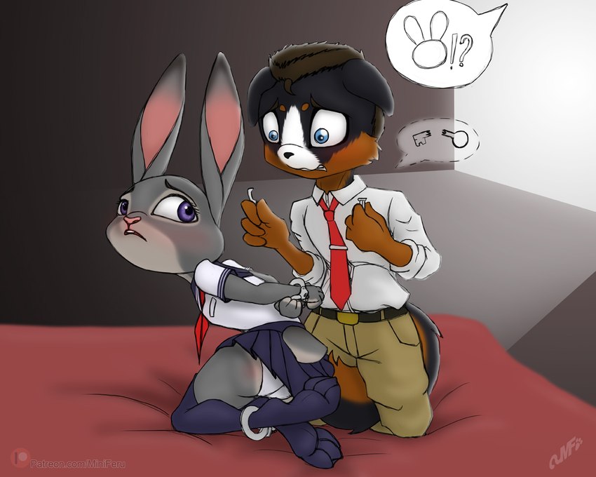 clothing cuff_(restraint) handcuffed handcuffs metal_cuffs panties restraints school_uniform underwear uniform young miniferu disney zootopia fan_character judy_hopps lagomorph leporid mammal rabbit 5:4