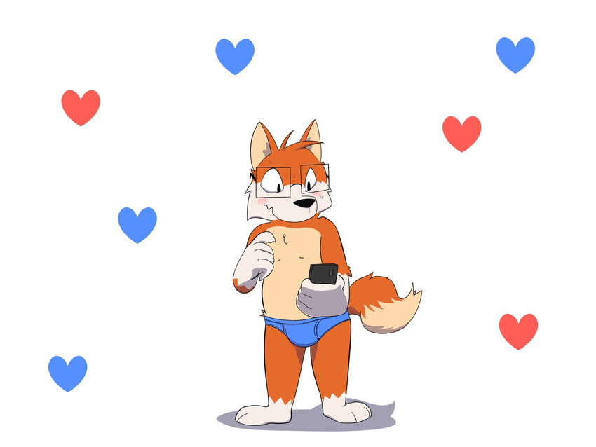 anthro blue_clothing blue_heart blue_underwear blue_undies blush bodily_fluids bulge clothing electronics embarrassed heart_symbol holding_object holding_phone male nervous nervous_sweat phone red_heart shadow solo sweat underwear keysquid fivethirtyeight fivey_fox canid canine fox mammal 4:3 hi_res