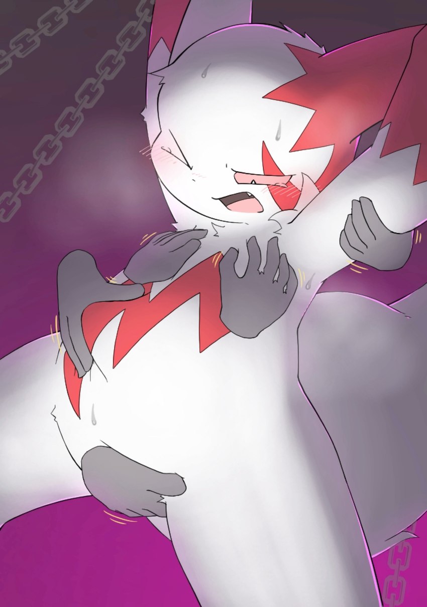 anthro belly blush chain disembodied_hand embarrassed featureless_crotch fur grope groping_chest groping_crotch group nude null null_stimulation pinching_belly rubbing_crotch slightly_chubby solo_focus white_body white_fur matchstick_39 nintendo pokemon generation_3_pokemon pokemon_(species) zangoose absurd_res hi_res