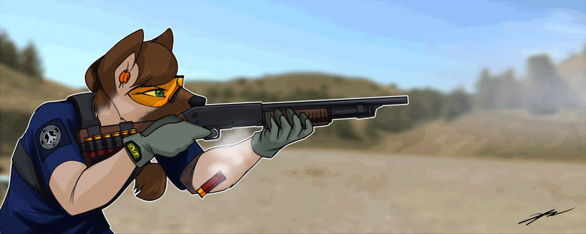 anthro brown_body brown_fur clothing earplugs female firing_weapon fur gun penetration ranged_weapon shotgun solo visor weapon gasmaskfox gretta_(gasmaskfox) canid canine canis domestic_dog german_shepherd herding_dog mammal pastoral_dog