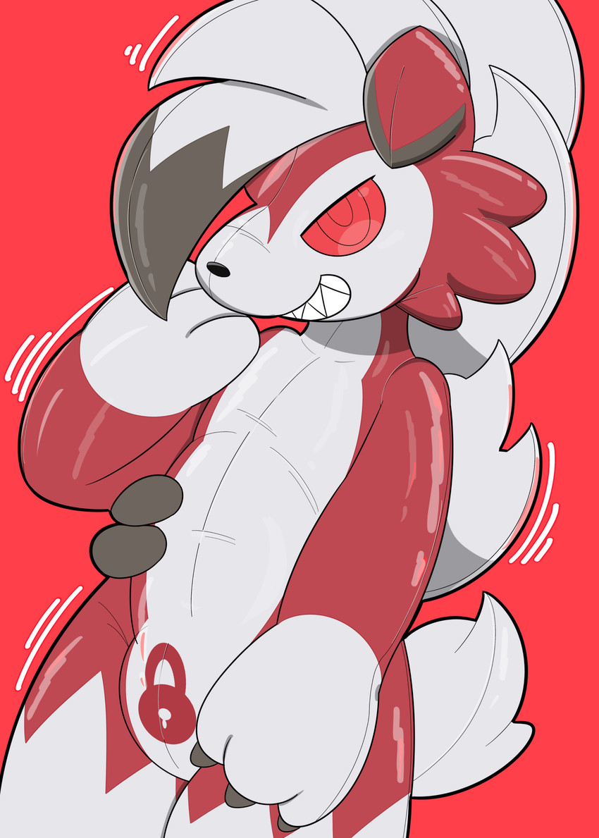 chastity_bulge chastity_device emanta glistening glistening_body inflatable kemono lock_bulge lock_symbol male null null_bulge raised_hands red_body red_eyes sharp_teeth teeth three-quarter_view wearing_chastity_device white_body mujimuji1010 nintendo pokemon animate_inanimate canid canine generation_7_pokemon living_inflatable lycanroc mammal midnight_lycanroc pokemon_(species) 2025 absurd_res hi_res portrait three-quarter_portrait