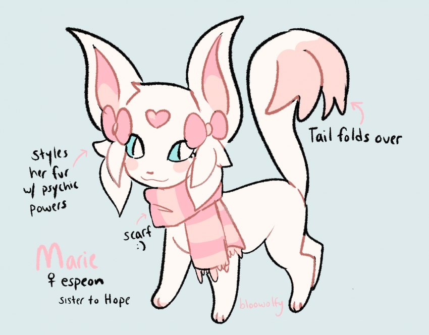 blue_background female feral fur pink_scarf scarf simple_background smile solo text white_body white_fur bloowolfy nintendo pokemon marie_(bloowolfy) eeveelution espeon generation_2_pokemon pokemon_(species) 2023 english_text hi_res model_sheet