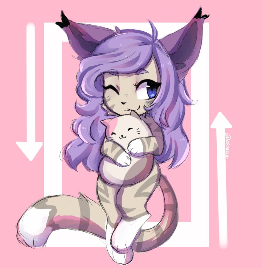 :3 anthro blue_eyes chibi ear_tuft female fur hair paws plushie purple_hair simple_background solo striped_body striped_fur stripes tuft white_body white_fur anakoluth domestic_cat felid feline felis mackerel_tabby maine_coon mammal hi_res