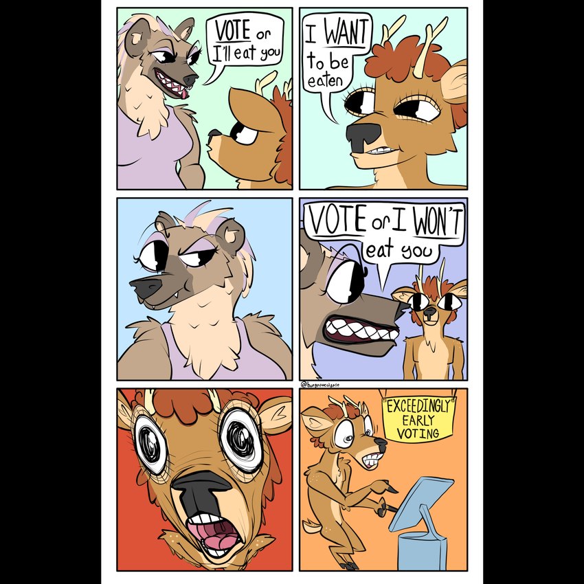 2_horns anthro brown_body dialogue duo female grey_body hair highlights_(coloring) horn humor male politics purple_highlights red_hair speech_bubble text threatening vote burgerpocalypse deer hyena mammal 1:1 alpha_channel colored comic english_text hi_res