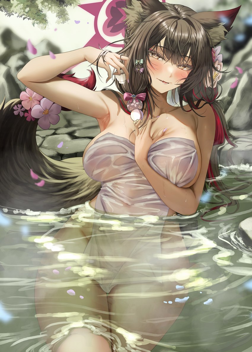 5_fingers blush breasts container cup female fingers flower fur holding_container holding_cup holding_object hot_spring inner_ear_fluff light_body light_skin onsen partially_submerged plant rock solo towel towel_only tuft water nompang blue_archive wakamo_(blue_archive) animal_humanoid canid canid_humanoid canine canine_humanoid fox_humanoid humanoid mammal mammal_humanoid 2022 absurd_res hi_res