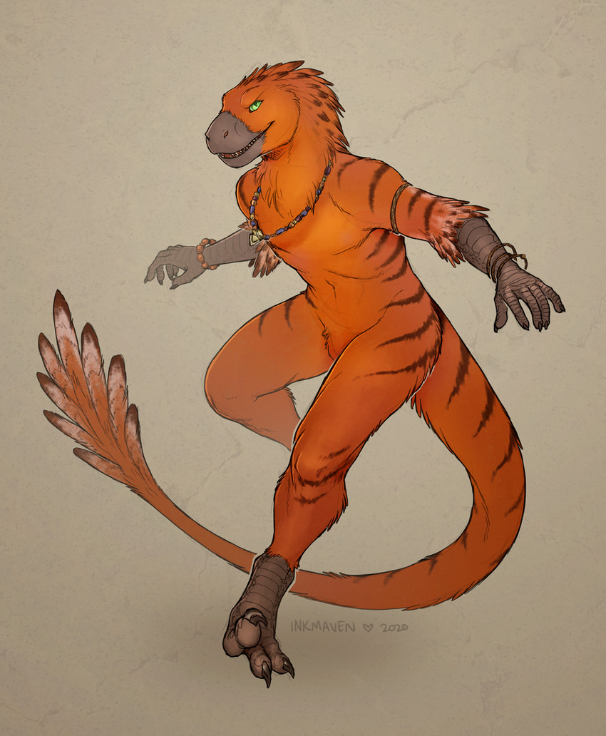 3_toes 5_fingers anthro biped bracelet claws digitigrade feathers featureless_crotch feet finger_claws fingers green_eyes jewelry looking_at_viewer male necklace nude open_mouth orange_body orange_feathers sharp_teeth simple_background solo teeth toe_claws toes inkmaven dinosaur feathered_dinosaur feathered_scalie prehistoric_species reptile scalie 2020 digital_media_(artwork) hi_res