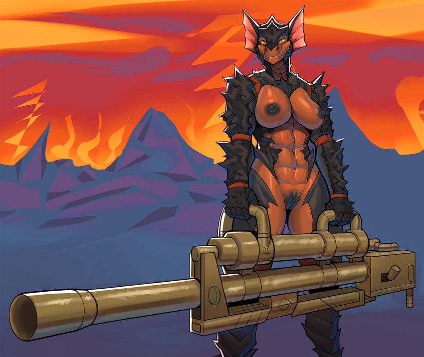 anthro anti-tank_gun black_nipples black_pussy breasts female fire genitals gun looking_at_viewer muscular muscular_female nipples nude pussy ranged_weapon solo weapon yellow_eyes dziero helldivers juno_(deadly_tiger) hive_guard terminid absurd_res hi_res