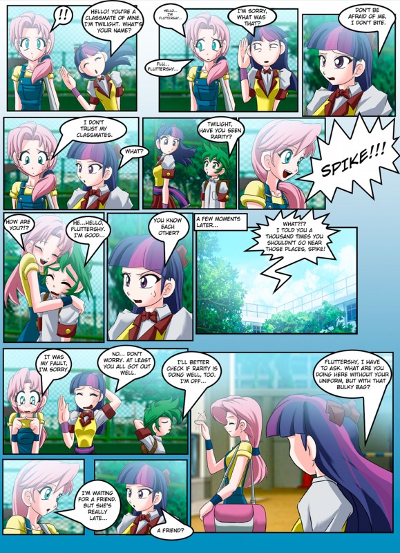 alternate_species clothed clothing dialogue female greeting hair hug humanized male multicolored_hair purple_hair text two_tone_hair mauroz friendship_is_magic hasbro my_little_pony fluttershy_(mlp) spike_(mlp) twilight_sparkle_(mlp) human mammal absurd_res comic english_text hi_res