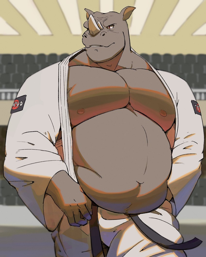 anthro belly belt big_belly bottomwear clothed clothing horn inside judo male manly martial_arts martial_arts_uniform musclegut muscular navel nipples open_clothing open_shirt open_topwear pants pecs shirt solo sportswear standing topwear white_bottomwear white_clothing white_pants white_shirt white_topwear zhangkuu mammal rhinoceros 2023 4:5 absurd_res hi_res