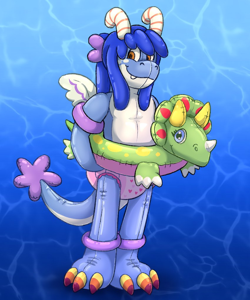 anthro bangs bow_(feature) clothed clothing diaper female horn inflatable inner_tube looking_at_viewer pattern_diaper pool_toy pull-ups_(diaper) rings_on_arms rings_on_legs simple_background smile solo swim_ring swim_ring_with_face tail tail_star wearing_diaper wearing_swim_ring wings toshitokistudio mythology chrissy_(zoran) angel_dragon animate_inanimate ceratopsian dinosaur dragon living_inflatable mythological_creature mythological_scalie ornithischian prehistoric_species reptile scalie triceratops 5:6 absurd_res hi_res