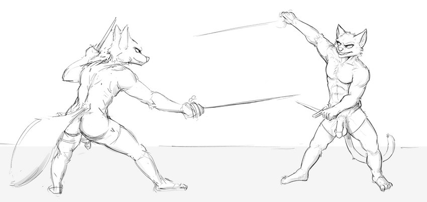 anthro anus backsack balls butt clothing dangerous duel duo fencing fight genitals historical legwear male male/male melee_weapon muscular pecs penis simple_background sword thigh_highs weapon habiyeru canid canine domestic_cat felid feline felis fox humanoid mammal absurd_res greyscale hi_res monochrome sketch