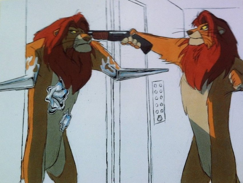 cybernetics duo fur gun holding_object liquid_metal machine male mane orange_body orange_fur ranged_weapon red_mane shotgun weapon yellow_sclera shawn_keller disney terminator_(franchise) the_lion_king mufasa simba_(the_lion_king) android cyborg felid lion mammal pantherine robot t-1000_series_(terminator) terminators_(terminator) crossover