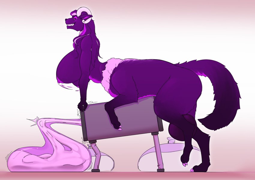 balls big_balls big_breasts breasts breeding_mount condom filled_condom genitals herm horn huge_balls huge_breasts hyper intersex paws sexual_barrier_device solo shorl canid canine canis demon hybrid mammal taur wolf hi_res
