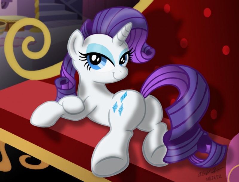 blue_eyeshadow butt eyeshadow faint_coach female feral fur horn makeup quadruped solo tail white_body white_fur aleximusprime friendship_is_magic hasbro my_little_pony mythology rarity_(mlp) equid equine mammal mythological_creature mythological_equine unicorn