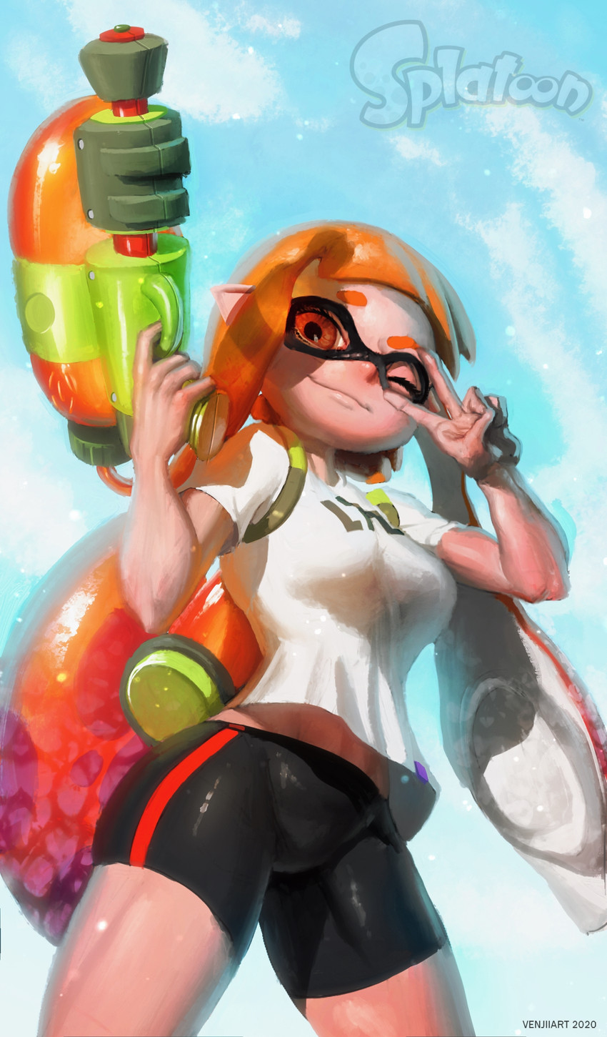 5_fingers big_breasts bottomwear breasts clothed clothing cloud eyebrows female fingers gun hair holding_gun holding_object holding_ranged_weapon holding_weapon ink_tank_(splatoon) looking_at_viewer mask one_eye_closed orange_eyes orange_hair outside pointy_ears pseudo_hair raised_eyebrow ranged_weapon shorts sky smile solo spandex spandex_shorts splattershot tentacle_hair tentacles tight_bottomwear tight_clothing tight_shorts topwear weapon wink venjiiart nintendo splatoon inkling_girl kaori_(splatoon) animal_humanoid cephalopod cephalopod_humanoid humanoid inkling marine marine_humanoid mollusk mollusk_humanoid digital_media_(artwork) hi_res