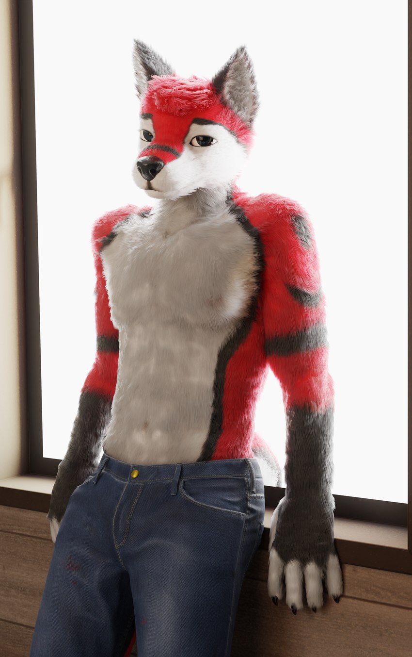 anthro clothed clothed_anthro clothing fluffy fur male partially_clothed realistic red_body red_fur solo whiskers white_body white_fur white_whiskers window window_light red_wulfie blender_cycles red_(red_wulfie) canid canine canis mammal wolf 3d_(artwork) absurd_res blender_(artwork) digital_media_(artwork) hi_res