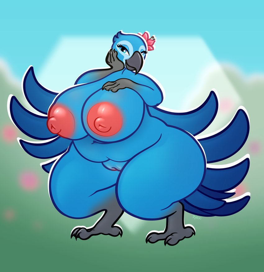 accessory anthro anthrofied avian_feet beak big_breasts black_beak black_talons blue_body blue_feathers blue_fur blurred_background breasts claws feathers feet female finger_claws flower flower_in_hair fur genitals hair hair_accessory half-closed_eyes narrowed_eyes navel nipple_dip nipples obese obese_anthro obese_female outline overweight overweight_anthro overweight_female plant pussy solo talons thick_thighs toes white_outline wide_hips sjevi 20th_century_fox 20th_century_studios blue_sky_studios rio_(series) jewel_(rio) avian bird parrot 2024 artist_name digital_drawing_(artwork) digital_media_(artwork) digital_painting_(artwork) full-length_portrait hi_res portrait