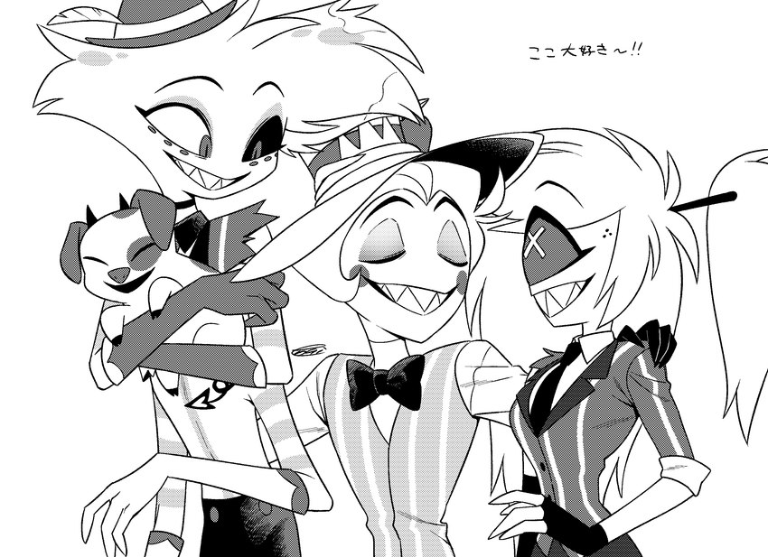 1_eye ambiguous_gender anthro clothed clothing eyes_closed female feral group hat headgear headwear male simple_background white_background enaic31 hazbin_hotel angel_dust cherri_bomb_(hazbin_hotel) fat_nuggets_(hazbin_hotel) lucifer_(hazbin_hotel) angel arachnid arthropod cyclops demon demon_humanoid domestic_pig fallen_angel humanoid mammal spider suid suine sus_(pig) hi_res