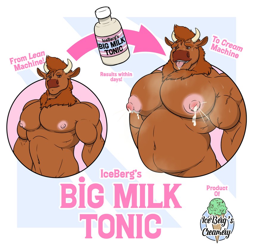 anthro belly big_nipples big_pecs bodily_fluids chest_tuft fake_advertisement front_view growth horn lactating male male_lactation milk musclegut muscular muscular_male musk musk_clouds nipples overweight pecs potion solo sweat sweatdrop tattoo transformation transformation_potion tuft weight_gain wings 1ceberg bovid bovine cattle mammal absurd_res hi_res