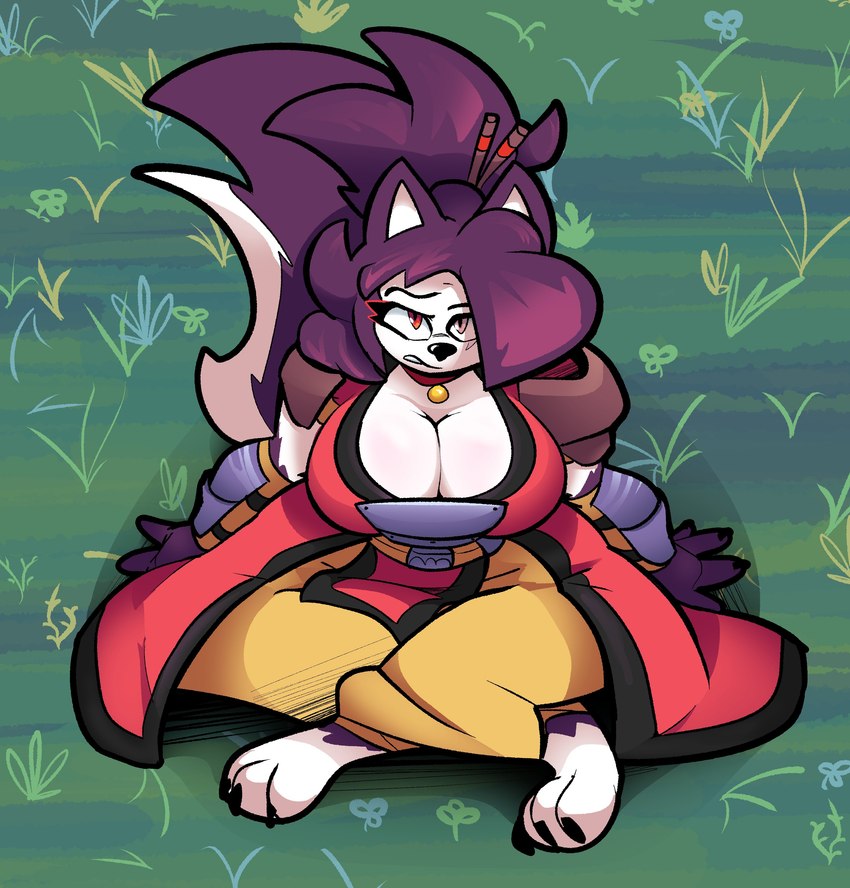 anthro barefoot big_breasts black_nose breasts cleavage clothed clothed_anthro clothed_female clothing collar eye_scar eyebrows eyelashes facial_scar feet female female_anthro fingers fur grass heterochromia huge_breasts looking_at_viewer looking_up looking_up_at_viewer plant raised_eyebrow scar sitting solo tail white_body white_fur cloudidoodles kita_(cloudidoodles) canid canine canis jackal mammal 2022 2024 absurd_res digital_drawing_(artwork) digital_media_(artwork) full-length_portrait hi_res portrait