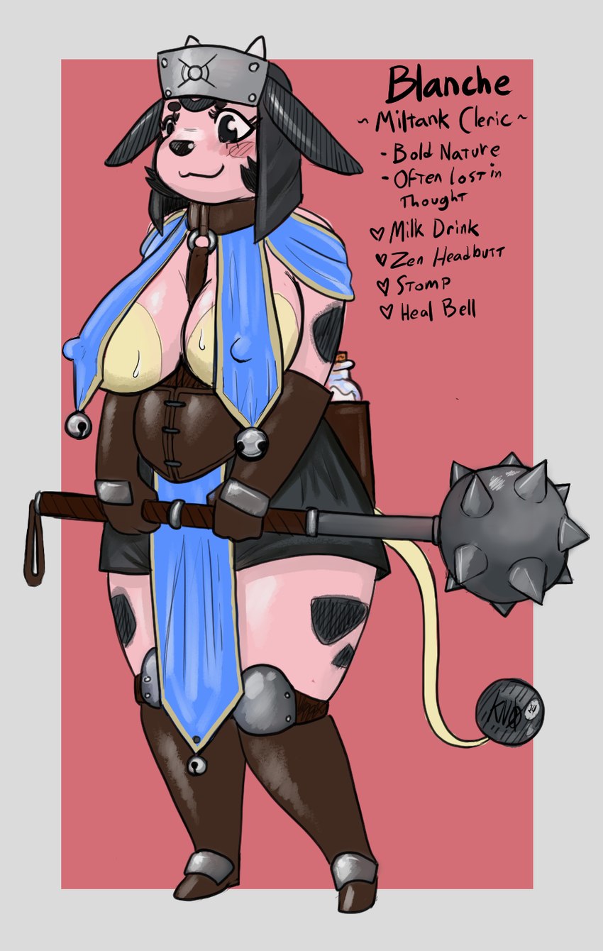 1_horn 2_horns 4_fingers anthro bell big_breasts black_body black_bottomwear black_clothing black_ears black_eyebrows black_eyes black_fur black_hair black_nose black_skirt black_tail black_text blue_bottomwear blue_clothing blue_loincloth blue_topwear blush blush_lines bodily_fluids boots bottle bottomwear breast_curtains breasts brown_boots brown_clothing brown_collar brown_corset brown_footwear brown_gloves brown_handwear cleavage cleric clothed clothed_anthro clothed_female clothing collar container eyebrows eyelashes fantasy female female_anthro fingers footwear fur gloves grey_clothing grey_hat grey_headwear hair handwear hat headgear headwear heart_symbol holding_mace horn jingle_bell knee_guards loincloth mace melee_weapon milk mouth_closed multicolored_body multicolored_fur nipple_outline pink_background pink_body pink_fur pokemorph shoes short_hair short_horn side_boob simple_background skirt small_horn snout solo standing sweat sweaty_breasts tail text topwear two_tone_hat two_tone_tail weapon yellow_body yellow_fur yellow_tail illuminatii nintendo pokemon blanche_(illuminatii) bovid bovine generation_2_pokemon mammal miltank pokemon_(species) 2024 english_text hi_res