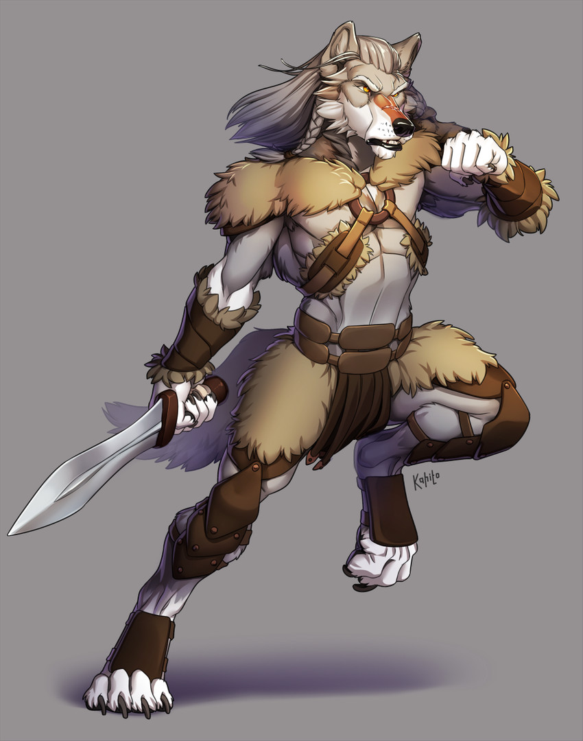 5_fingers anthro claws clothed clothing fingers fur gladius hair holding_object holding_weapon male melee_weapon pawpads paws simple_background solo sword teeth weapon kahito-slydeft opa_wulfen canid canine canis mammal wolf digital_media_(artwork) hi_res signature