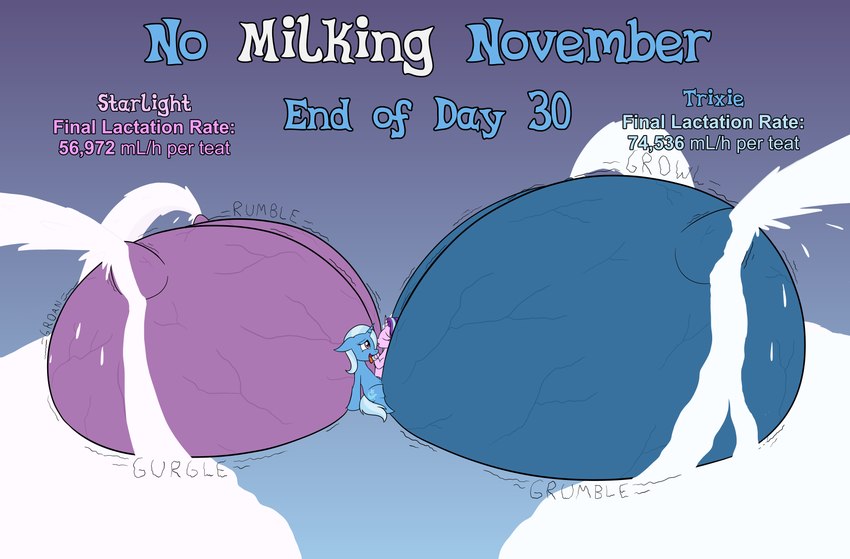 big_nipples big_teats bodily_fluids duo female feral horn huge_nipples huge_teats hyper hyper_teats immobile lactating nipples swollen_teats teats text veiny_teats wapamario63 friendship_is_magic hasbro my_little_pony mythology no_nut_november starlight_glimmer_(mlp) trixie_(mlp) equid equine mammal mythological_creature mythological_equine unicorn absurd_res english_text hi_res meme