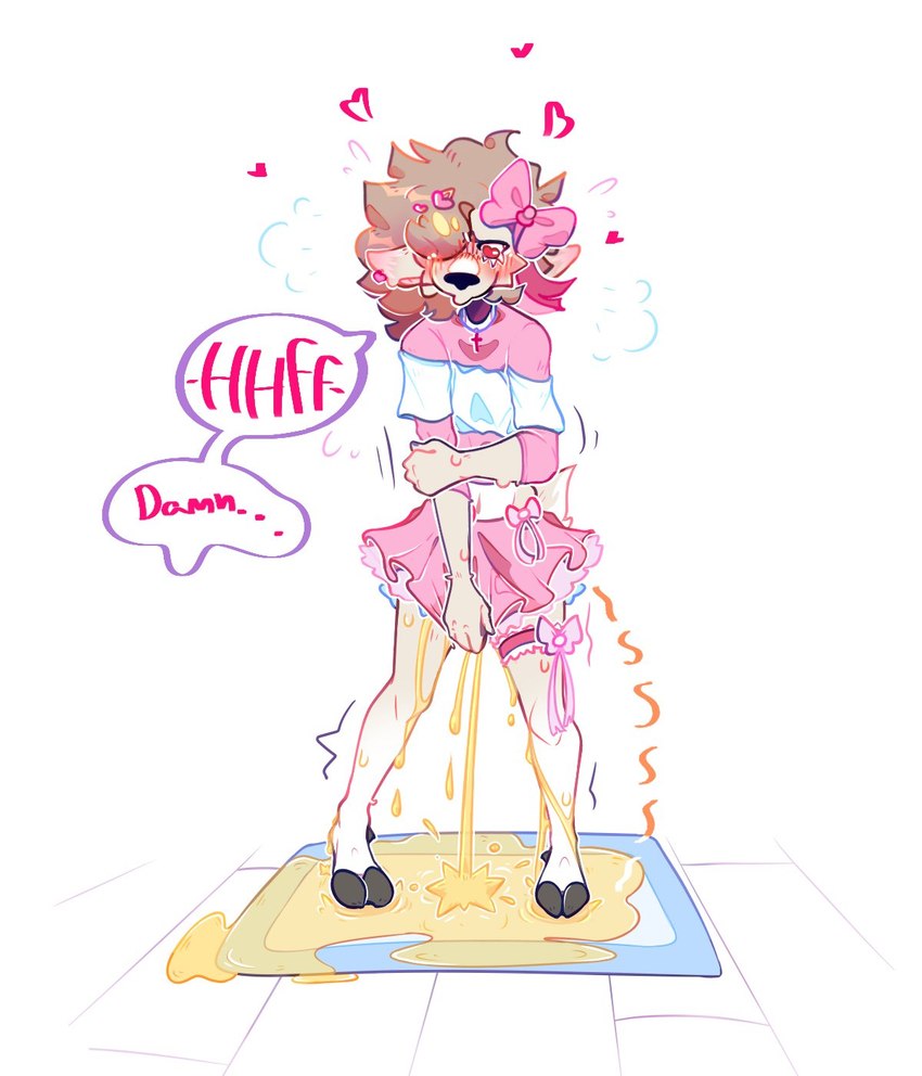 anthro blush bodily_fluids clothed clothing crossgender dialogue dress female floor genital_fluids heart_symbol mtf_crossgender peeing puppy_pad ribbons simple_background solo speech_bubble text urine urine_on_leg urine_pool urine_stream watersports wetting white_background paddle-boat angel_(paddle-boat) deer mammal hi_res