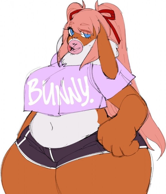 anthro belly big_breasts big_butt big_hands blowing_bubble_gum blue_eyes bottomwear breasts bubble bubble_gum butt candy clothed clothing crop_top curvy_figure dessert dewlap_(anatomy) eyelashes female food front_view fur gum hair hotpants inflating long_hair looking_at_viewer midriff navel neck_tuft overweight pigtails pink_hair shirt shorts simple_background skimpy slightly_chubby tank_top thick_thighs topwear tuft voluptuous white_background wide_hips satanickpaws tiffany_(whopperlopper) domestic_rabbit flemish_giant lagomorph leporid mammal oryctolagus rabbit 2019 digital_media_(artwork)