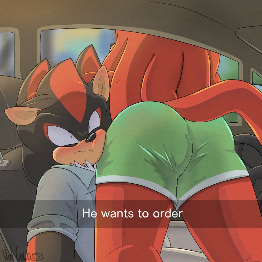 anthro black_body blush bottomwear butt car car_interior clothed clothing duo hair humor inside_car inside_vehicle male male/male shirt shorts simple_background tail text topwear vehicle hotcocopon he_wants_to_order sega sonic_the_hedgehog_(series) knuckles_the_echidna shadow_the_hedgehog echidna eulipotyphlan hedgehog mammal monotreme 1:1 absurd_res digital_media_(artwork) english_text hi_res meme