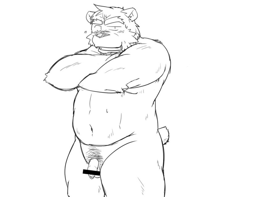 anthro balls belly bodily_fluids censor_bar flaccid foreskin genitals humanoid_genitalia humanoid_penis ineffective_censorship kemono long_foreskin male navel overweight overweight_anthro overweight_male penis simple_background solo sweat white_background oogamikennta bear mammal 2018 4:3 censored monochrome