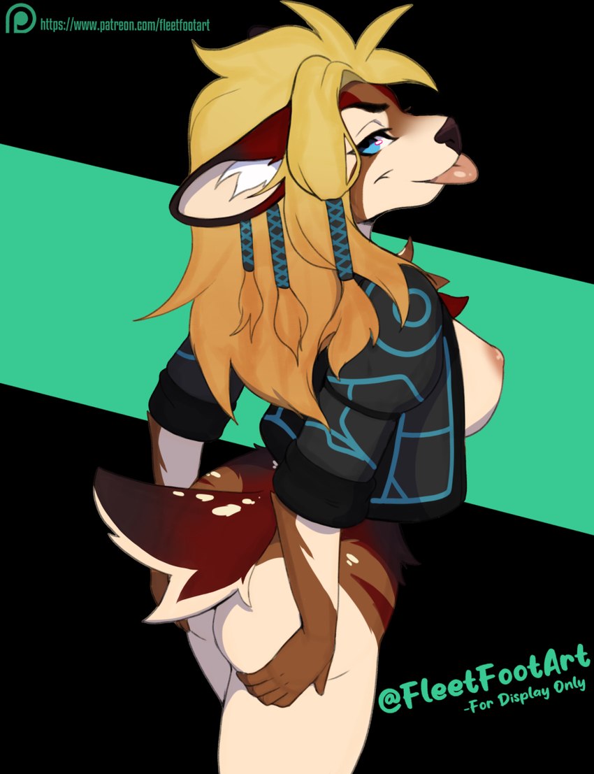 anthro blep breasts female hair holding_butt looking_at_viewer side_view smile solo standing tongue tongue_out fleet-foot oktavia_(roadkilla12) deer mammal 2024 hi_res