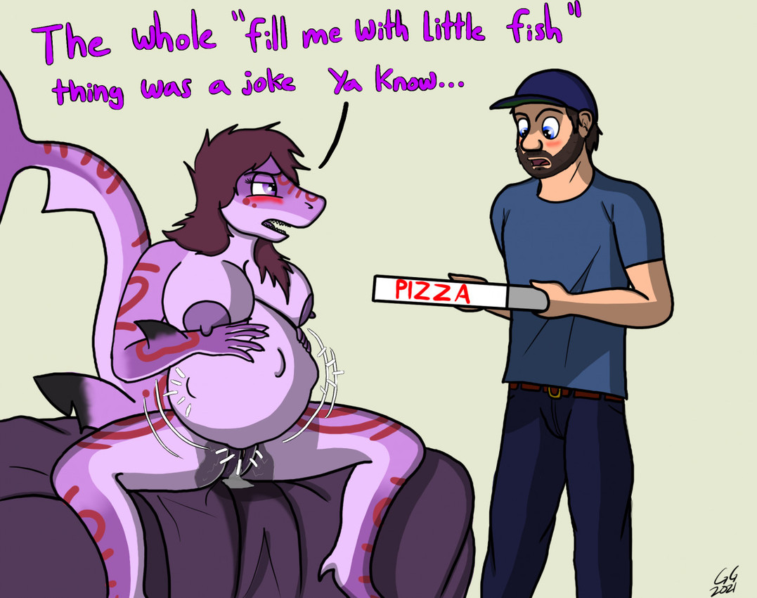 after_sex after_transformation anthro bed big_breasts blush bodily_fluids box breasts container cum cum_drip cum_in_vagina cum_inflation cum_inside dripping female fetal_movement furniture gender_transformation genital_fluids grumpy holding_belly impending_transformation inflation male male/female mtf_transformation nipples non-mammal_nipples not_loving_pregnancy pizza_box pregnant pregnant_female rapid_pregnancy surprised tail text transformation goldengryphon april_(duhad) jay_(goldengryphon) fish human mammal marine shark english_text