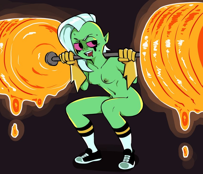 5_fingers areola bodily_fluids breasts clothing crouching exercise female fingers footwear freckles gloves green_areola green_body green_nipples green_skin hair handwear humanoid_pointy_ears mostly_nude navel nipples noseless not_furry open_mouth pink_sclera pointy_ears shoes socks solo sweat teeth tongue weightlifting weights white_hair workout nylonics disney wander_over_yonder lord_dominator alien alien_humanoid humanoid hi_res