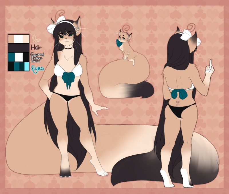 ahoge anthro big_tail black_clothing black_eyes black_panties black_underwear blue_eyes bow_bra bow_hairband bra breasts clothing female feral fluffy fluffy_tail fur hair long_hair long_tail looking_at_viewer multiple_forms panties solo standing tail teal_bow underwear white_bra white_clothing white_hairband white_underwear petitecat felid mammal model_sheet