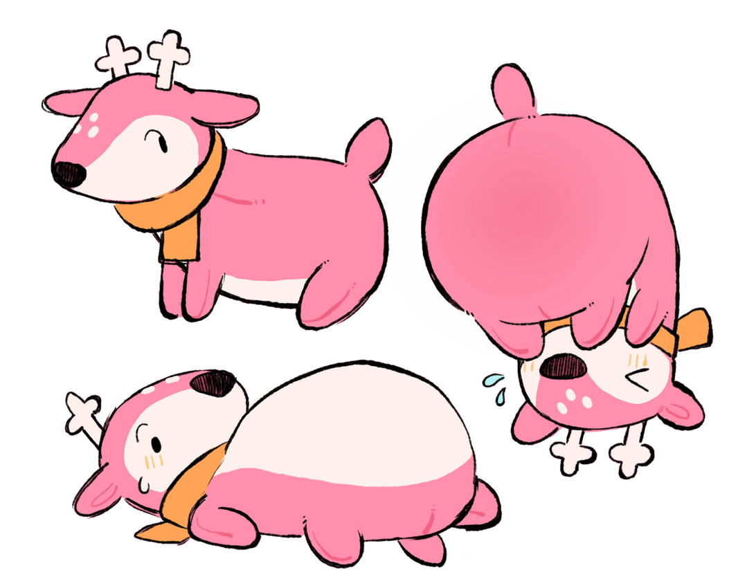 ambiguous_gender belly big_belly blush butt feral freckles horn low-angle_view monobutt mouthless null overweight pink_body plushie rear_view scarf seam_(sewing) side_view solo kint animate_inanimate deer living_plushie mammal